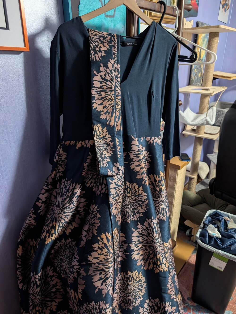 Eshakti Custom Navy Gown with Blush Floral Jacquard Skirt and Sash